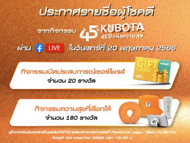 ประกาศรายชื่อผู้โชคดีจากกิจกรรมออนไลน์ ในงาน 45 ปี คูโบต้า 45 ปีแห่งความสุข วันเสาร์ที่ 20 พฤษภาคม 2566 <BR> เวลา 13.00-14.30 น. ผ่านช่องทาง Facebook page : <BR> Siam KUBOTA