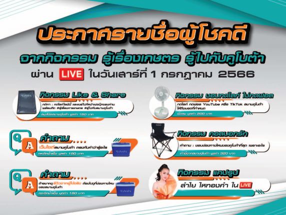 ประกาศผลผู้โชคดีจากกิจกรรมไลฟ์สด <BR> ‘รู้เรื่องการเกษตร รู้ไปกับสยามคูโบต้า’