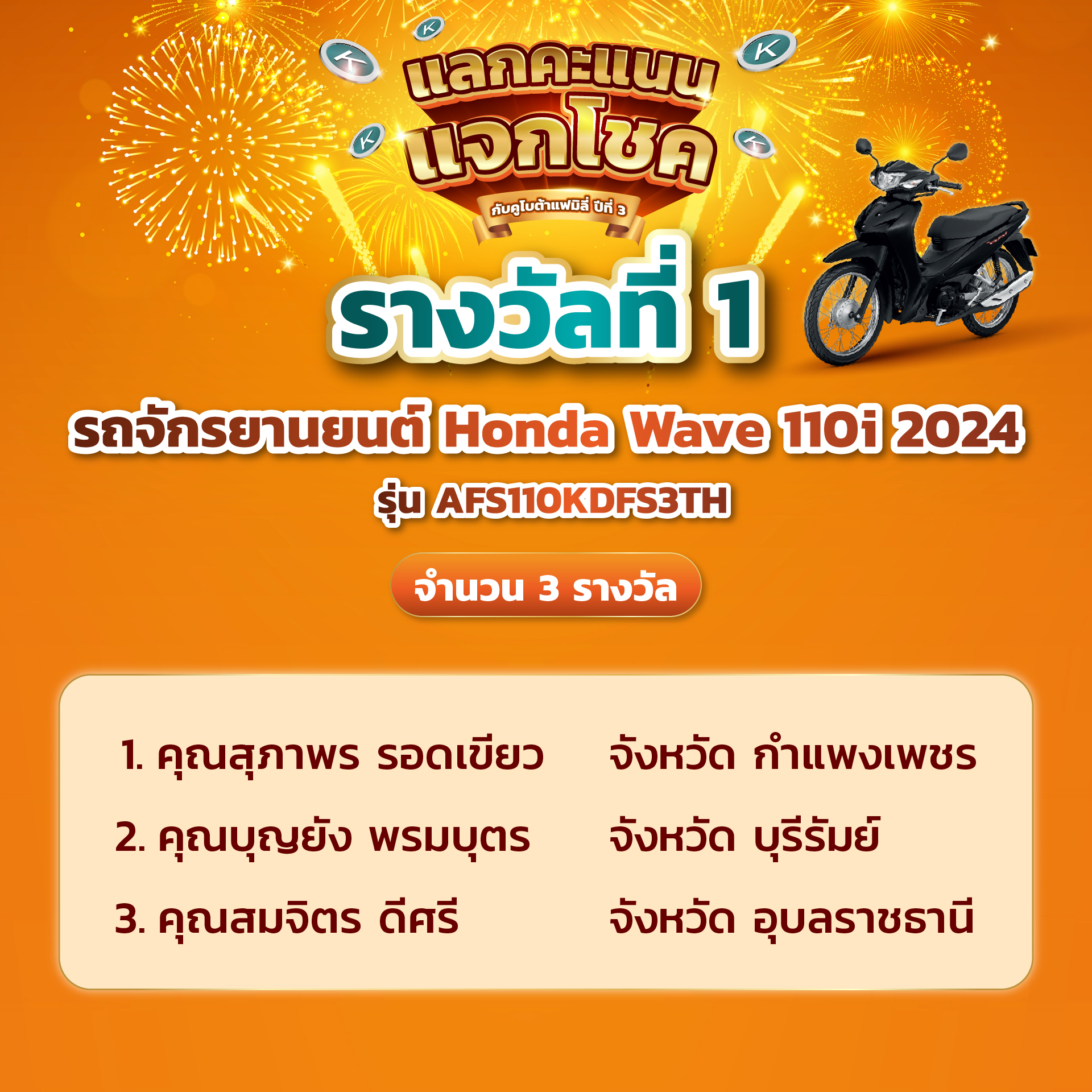 ประกาศผลรายชื่อผู้โชคดีในกิจกรรมแลกคะแนน แจกโชคกับคูโบต้าแฟมิลี่ ปีที่ 3 (ครั้งที่ 3)