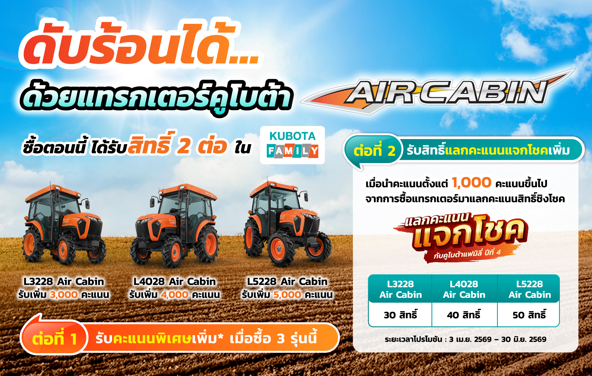 โปรโมชั่นดับร้อน Kubota Family สำหรับลูกค้าแทรกเตอร์ L-Series Air Cabin